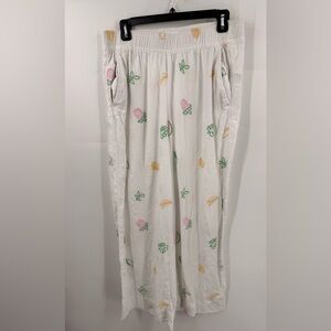 C & C California Womens Linen Blend Pants White Embroidered Fruits Size Large